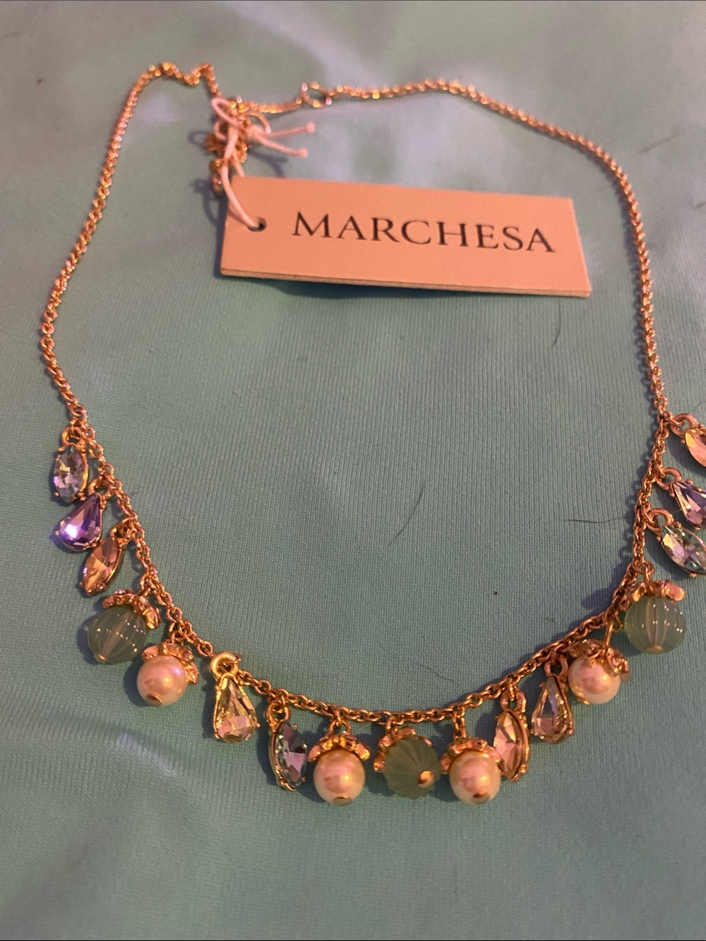 Marchesa Gold Pearl, Green & Pink Crystal Fringe Necklace